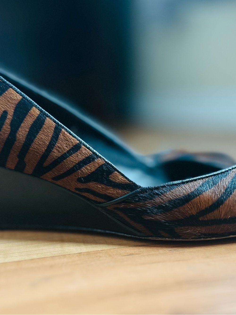 Johnston & Murphy Brown and Black Zebra Animal Print/Hair-calf Low Wedge Pumps
